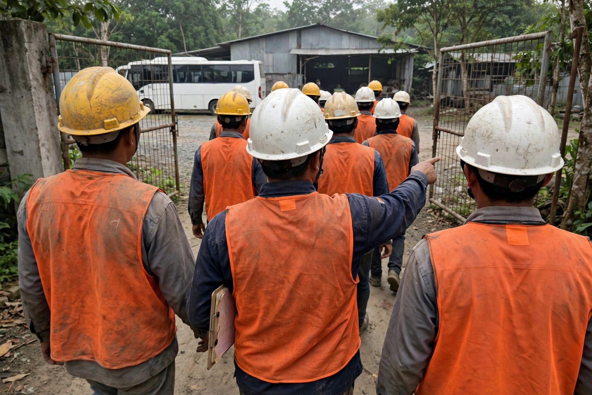 Ilustrasi suasana briefing pagi: kru berhelm dan berrompi keselamatan berjalan masuk melalui gerbang area kerja menuju bus karyawan, dilihat dari belakang